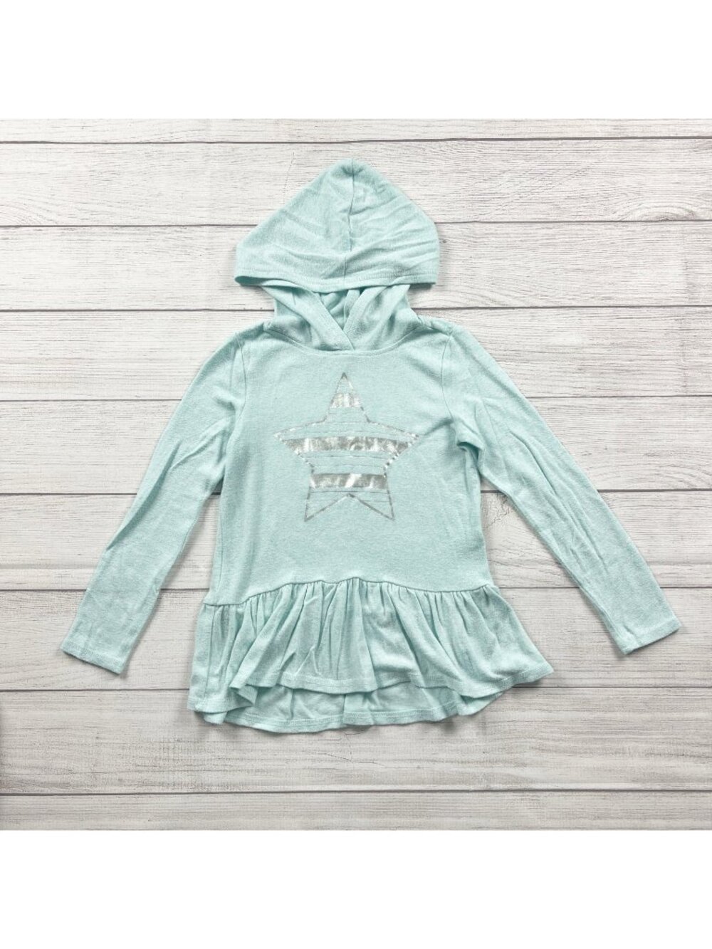 OshKosh Bgosh Girls Star Graphic Hooded Ruffle Hem Long Sleeve Tunic Top 6-6X